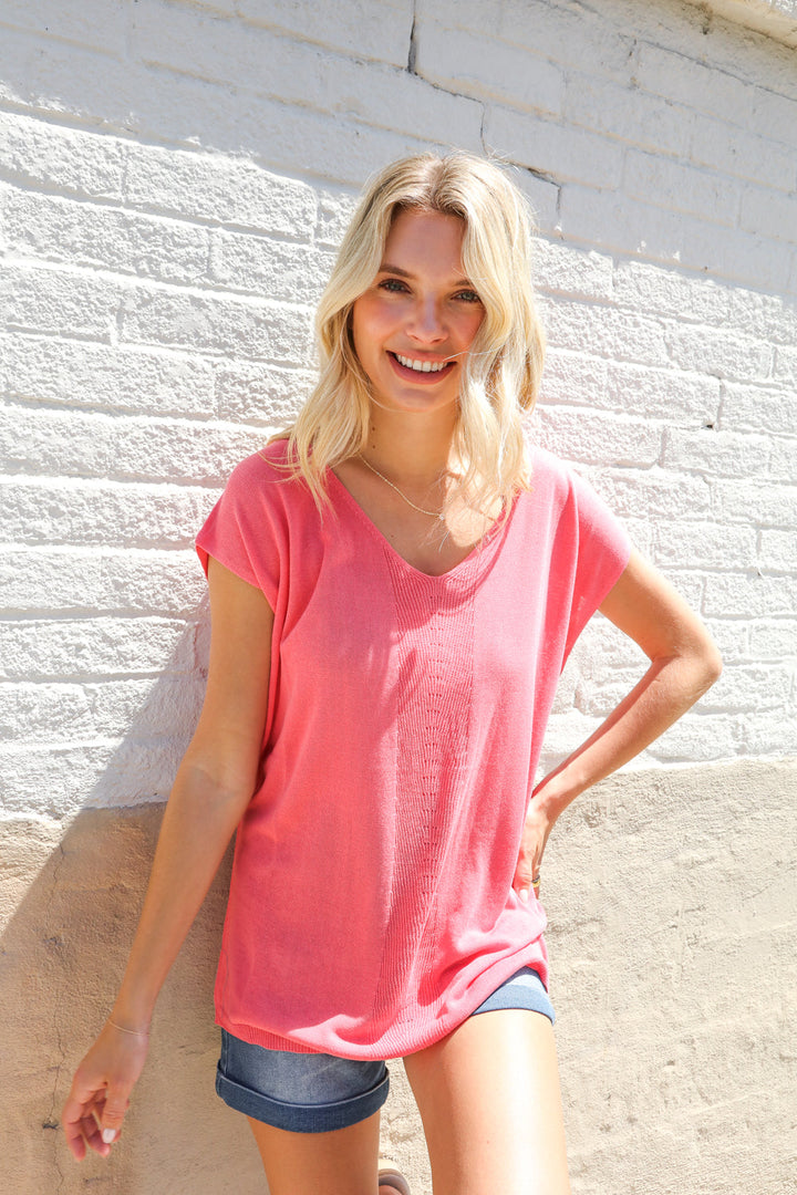 Summer Vibes Coral Relaxed Fit Jacquard Knitted Tops | Nikki &amp; Co. Boutique