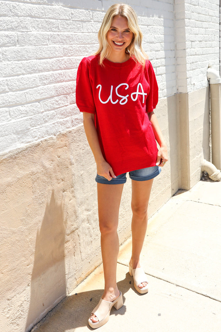 Patriotic USA Red Knit Embroidery Puff Sleeve Sweater Top | Nikki &amp; Co. Boutique