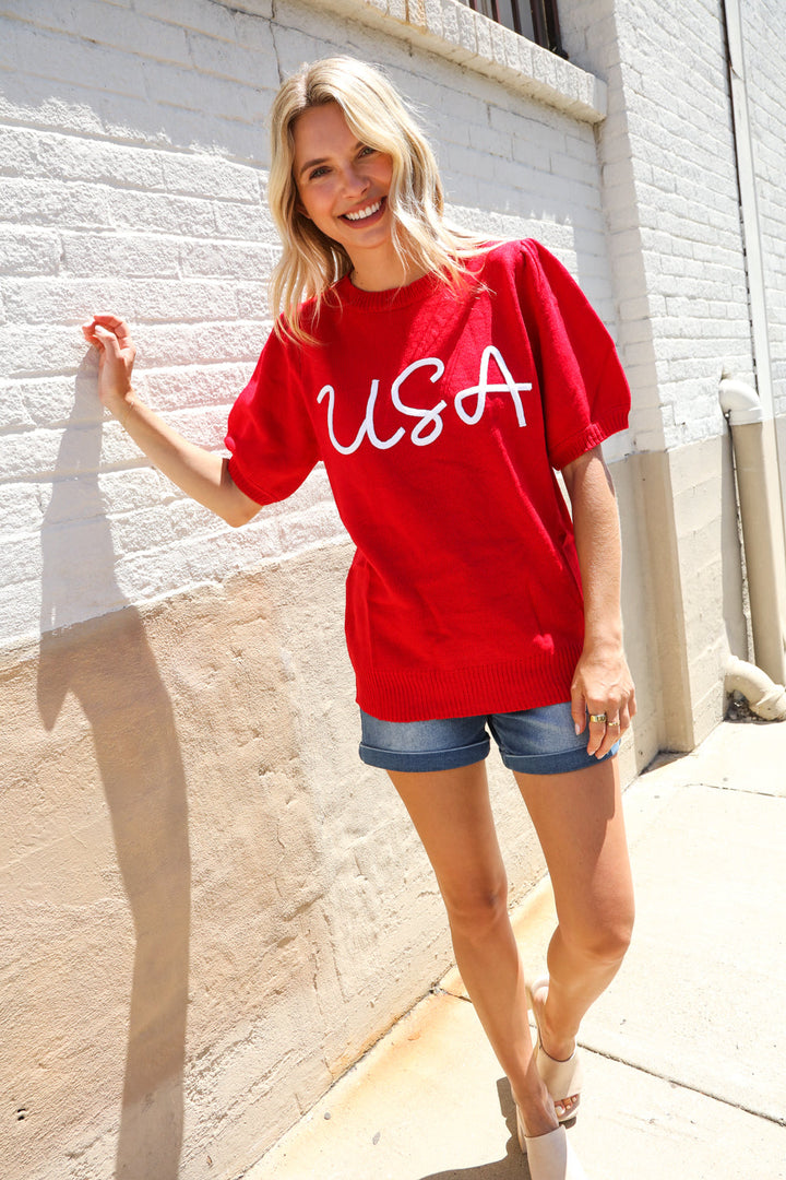Patriotic USA Red Knit Embroidery Puff Sleeve Sweater Top | Nikki &amp; Co. Boutique