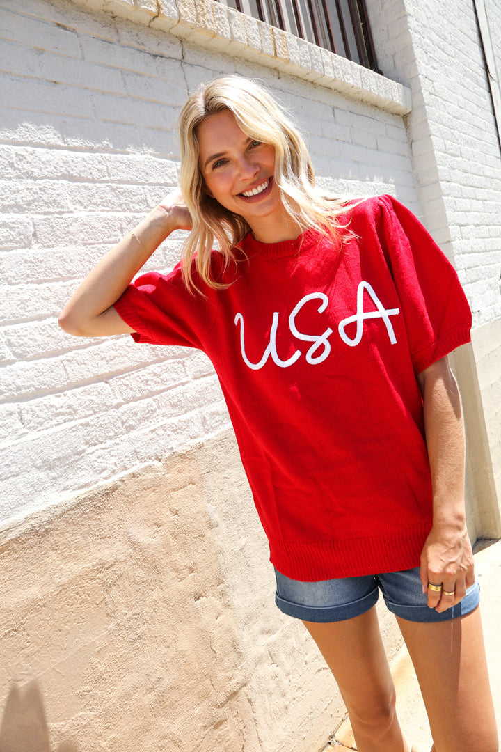 Patriotic USA Red Knit Embroidery Puff Sleeve Sweater Top | Nikki &amp; Co. Boutique