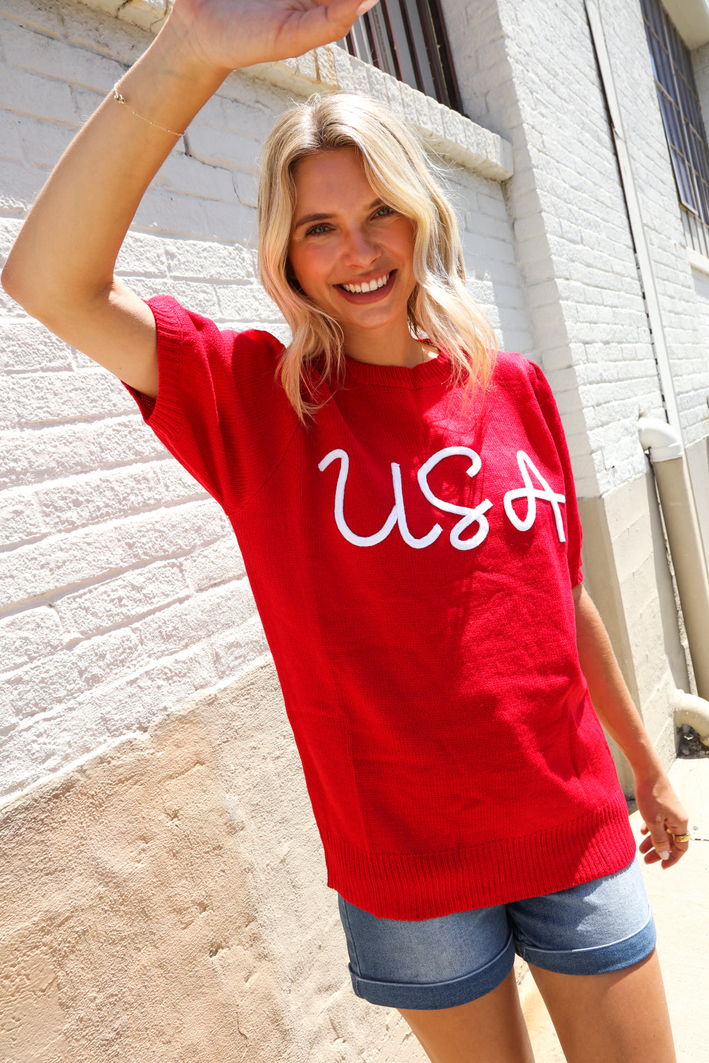 Patriotic USA Red Knit Embroidery Puff Sleeve Sweater Top | Nikki &amp; Co. Boutique