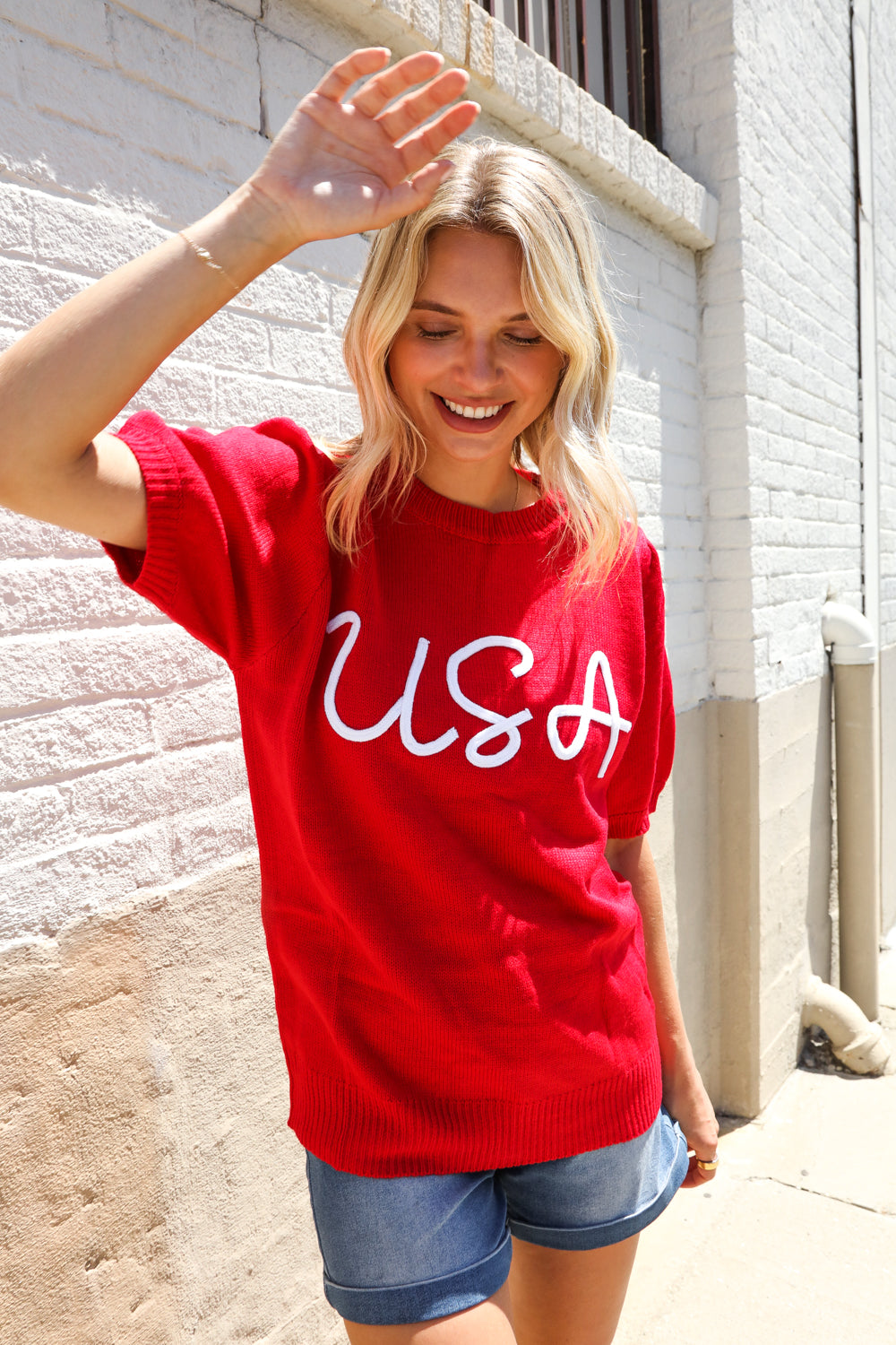 Patriotic USA Red Knit Embroidery Puff Sleeve Sweater Top | Nikki &amp; Co. Boutique