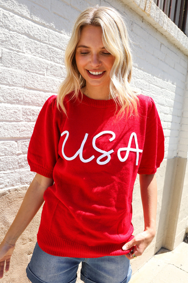 Patriotic USA Red Knit Embroidery Puff Sleeve Sweater Top | Nikki &amp; Co. Boutique