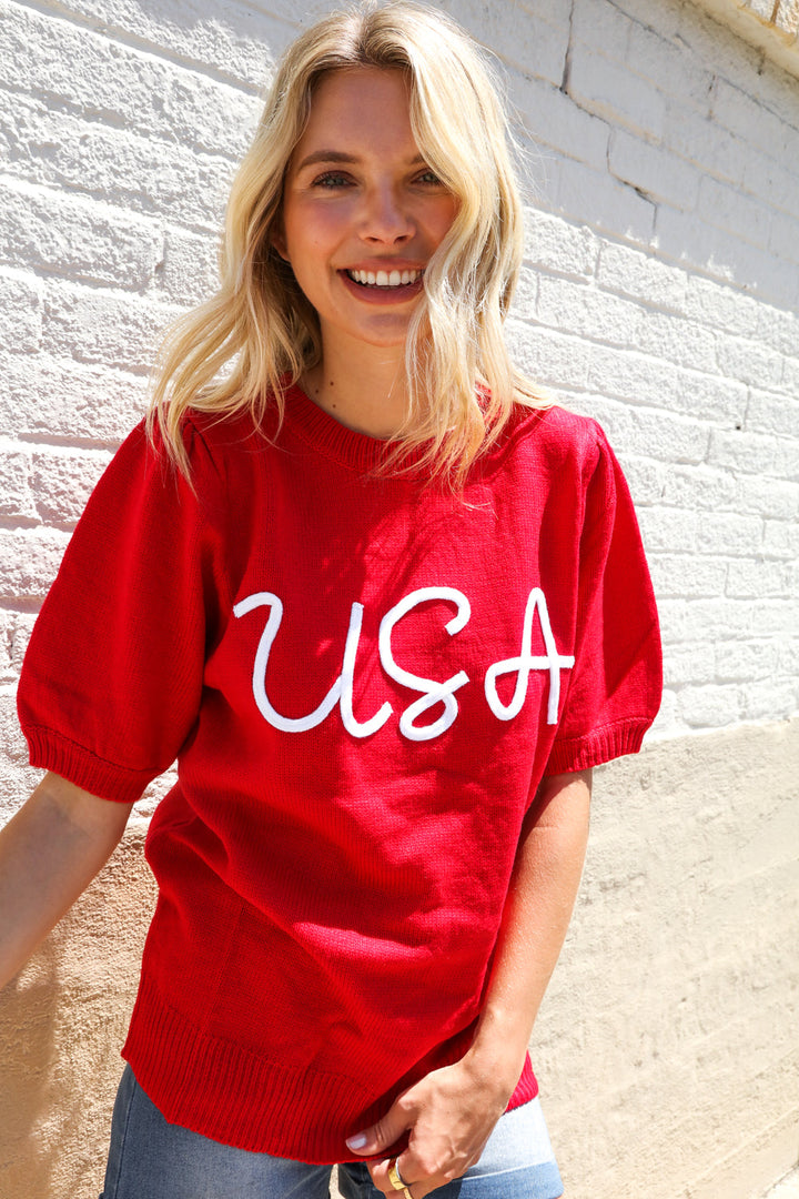 Patriotic USA Red Knit Embroidery Puff Sleeve Sweater Top | Nikki &amp; Co. Boutique