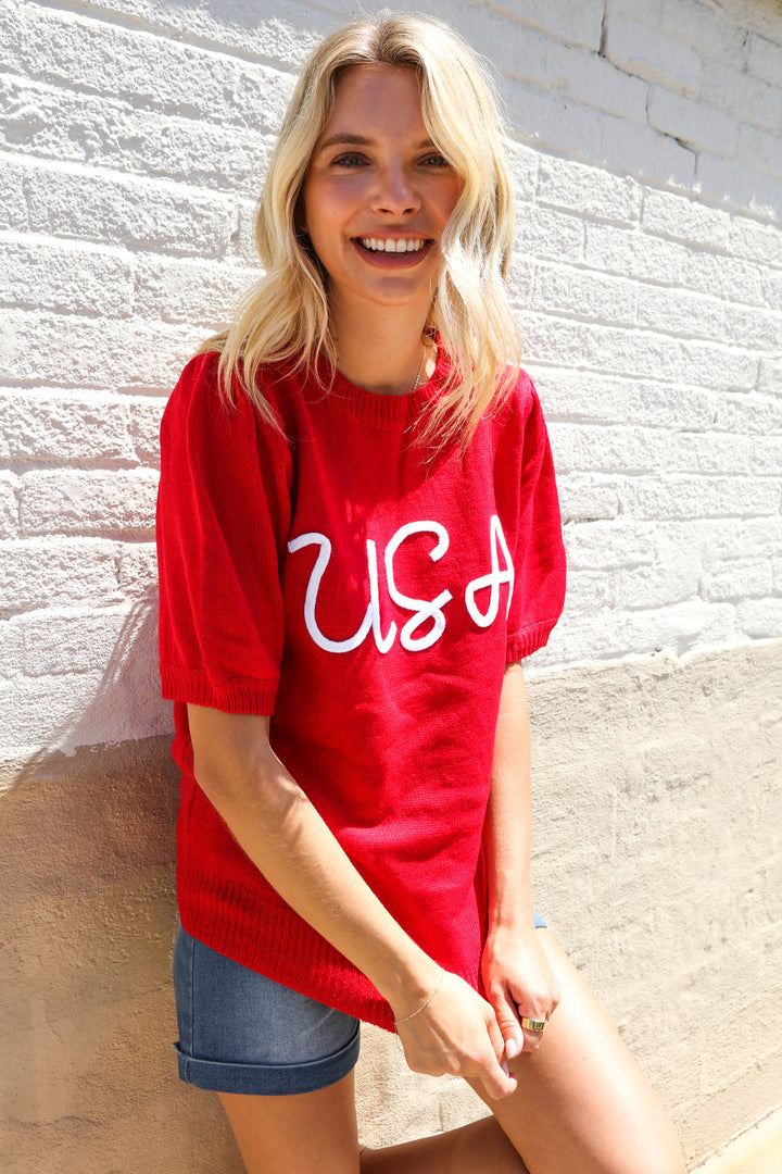 Patriotic USA Red Knit Embroidery Puff Sleeve Sweater Top | Nikki &amp; Co. Boutique