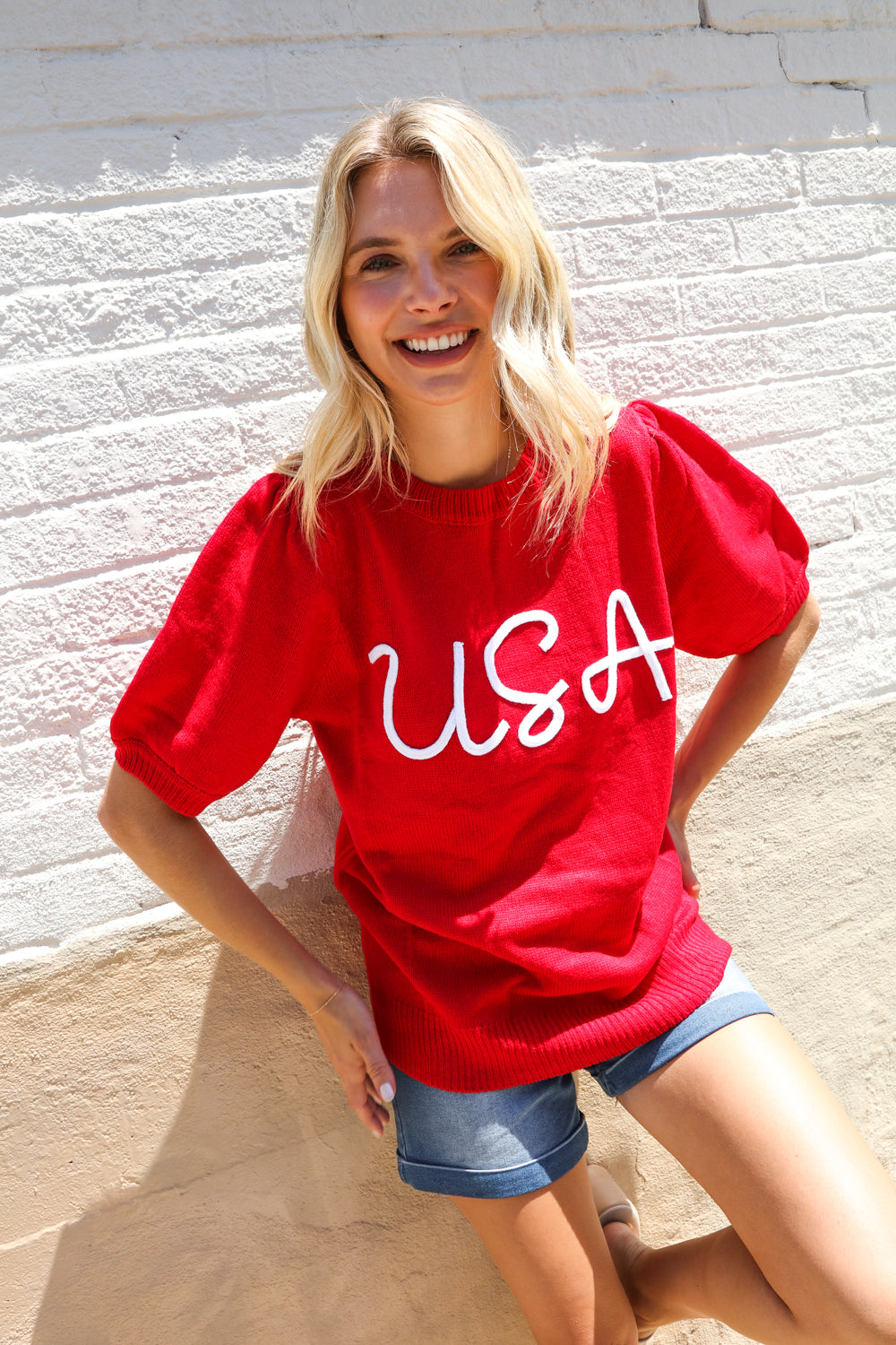 Patriotic USA Red Knit Embroidery Puff Sleeve Sweater Top | Nikki &amp; Co. Boutique