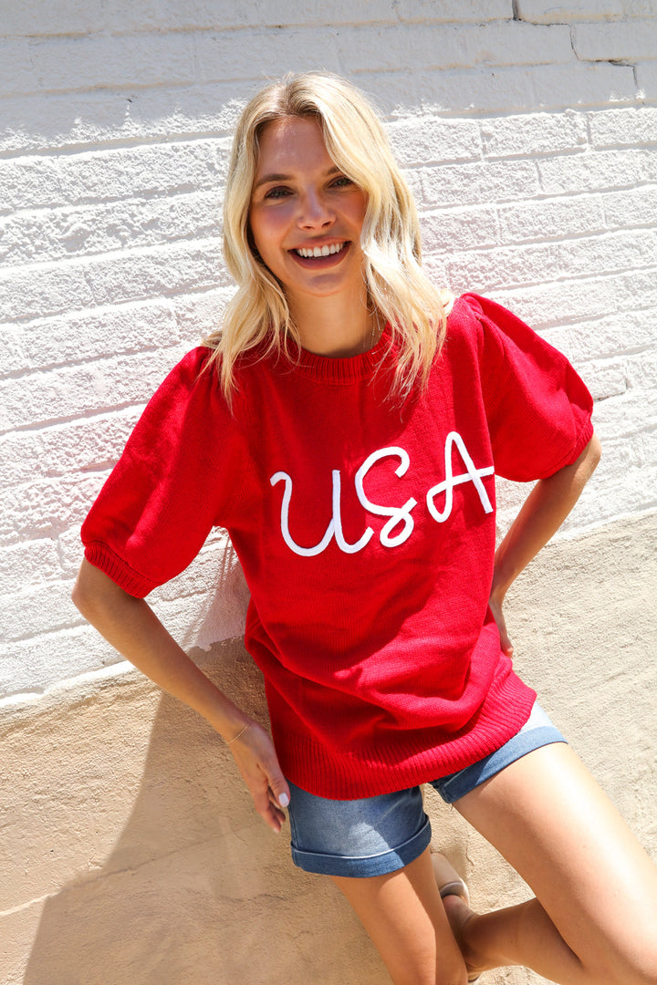 Patriotic USA Red Knit Embroidery Puff Sleeve Sweater Top | Nikki &amp; Co. Boutique