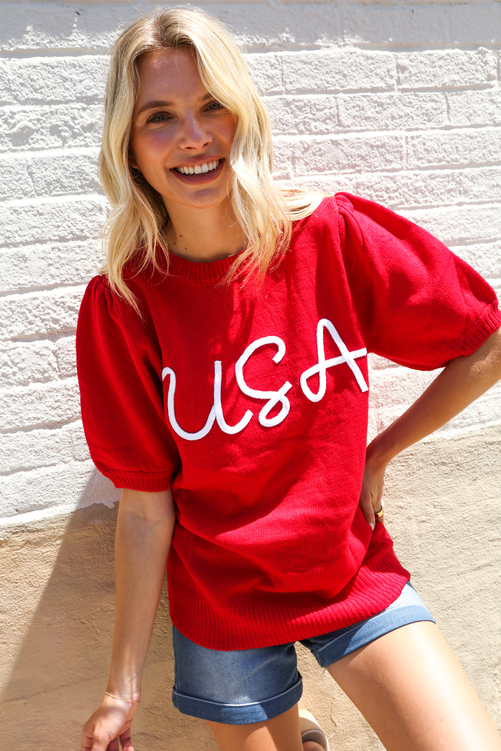 Patriotic USA Red Knit Embroidery Puff Sleeve Sweater Top | Nikki &amp; Co. Boutique