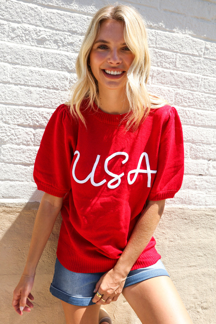 Patriotic USA Red Knit Embroidery Puff Sleeve Sweater Top | Nikki &amp; Co. Boutique