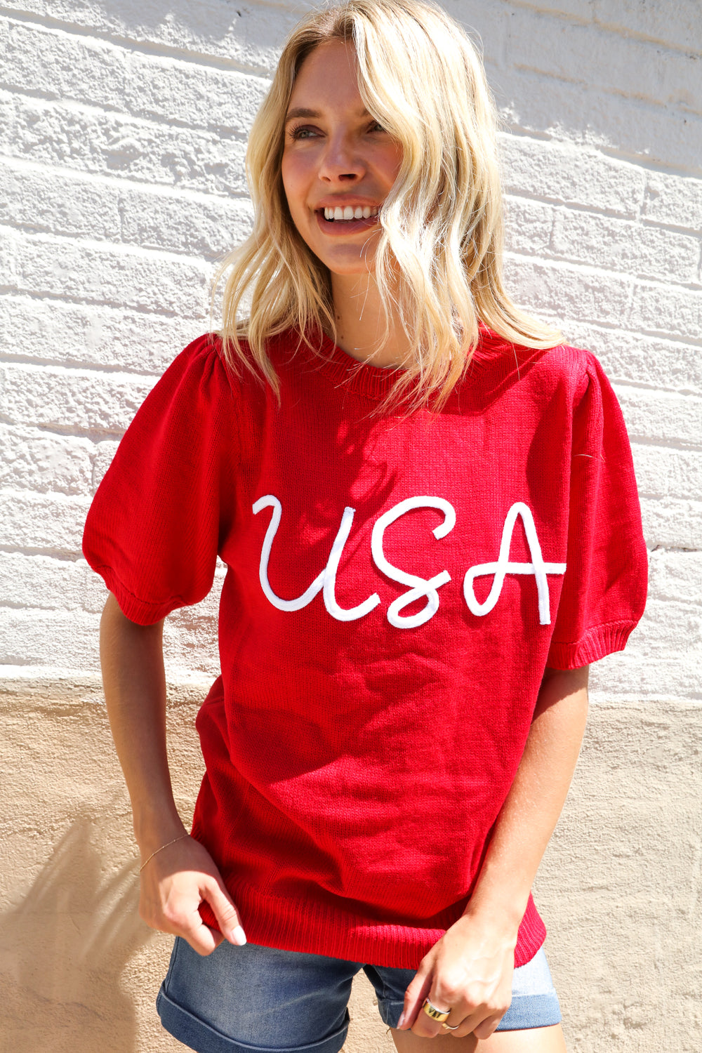 Patriotic USA Red Knit Embroidery Puff Sleeve Sweater Top | Nikki &amp; Co. Boutique