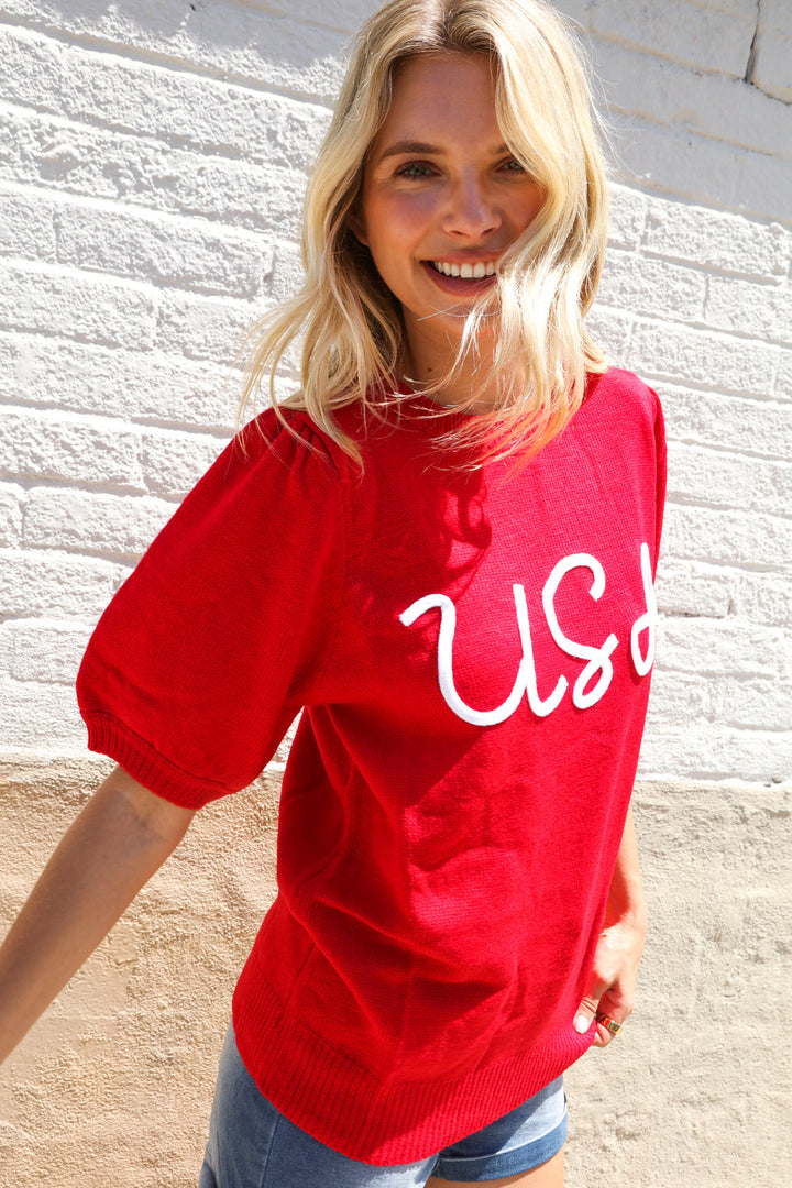 Patriotic USA Red Knit Embroidery Puff Sleeve Sweater Top | Nikki &amp; Co. Boutique