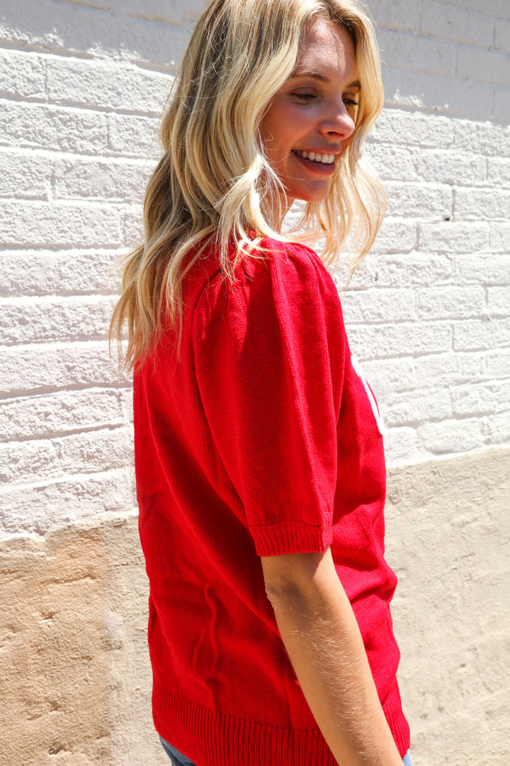 Patriotic USA Red Knit Embroidery Puff Sleeve Sweater Top | Nikki &amp; Co. Boutique