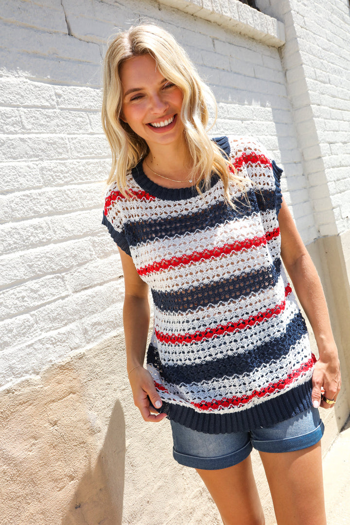 Feeling Festive Red White &amp; Blue Striped Crochet Sweater Top | Nikki &amp; Co. Boutique