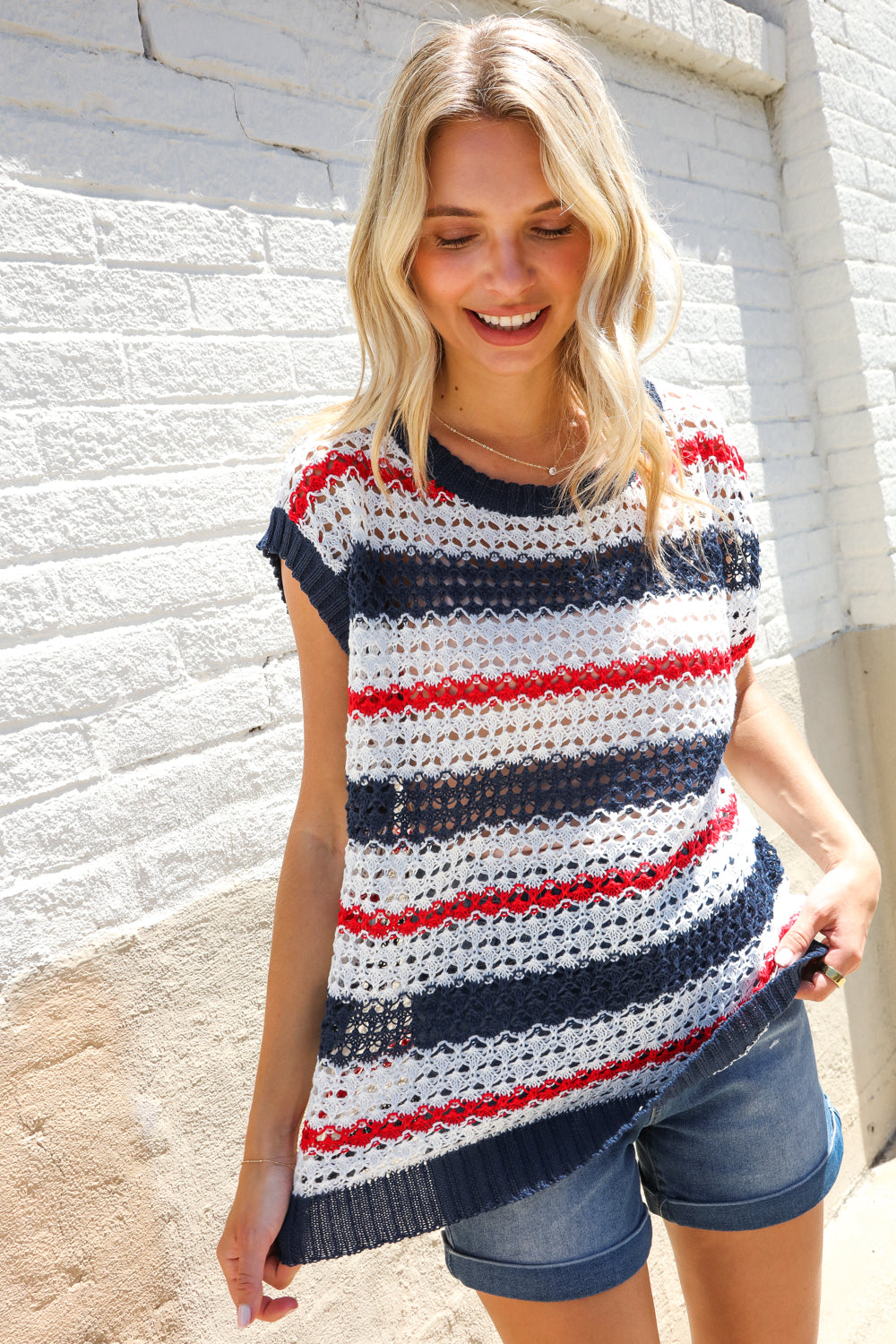 Feeling Festive Red White &amp; Blue Striped Crochet Sweater Top | Nikki &amp; Co. Boutique