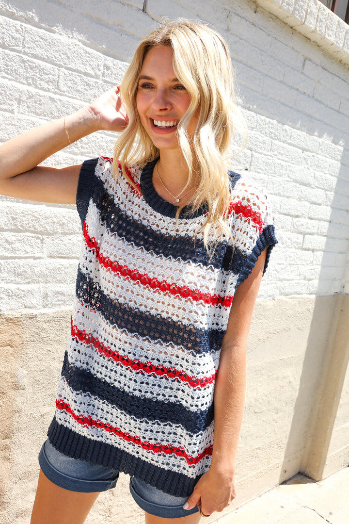 Feeling Festive Red White &amp; Blue Striped Crochet Sweater Top | Nikki &amp; Co. Boutique