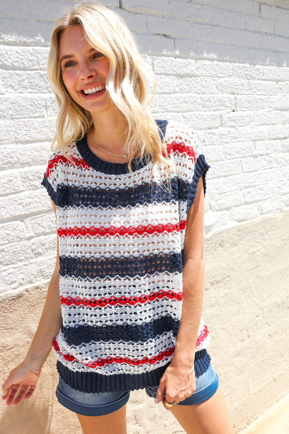 Feeling Festive Red White &amp; Blue Striped Crochet Sweater Top | Nikki &amp; Co. Boutique