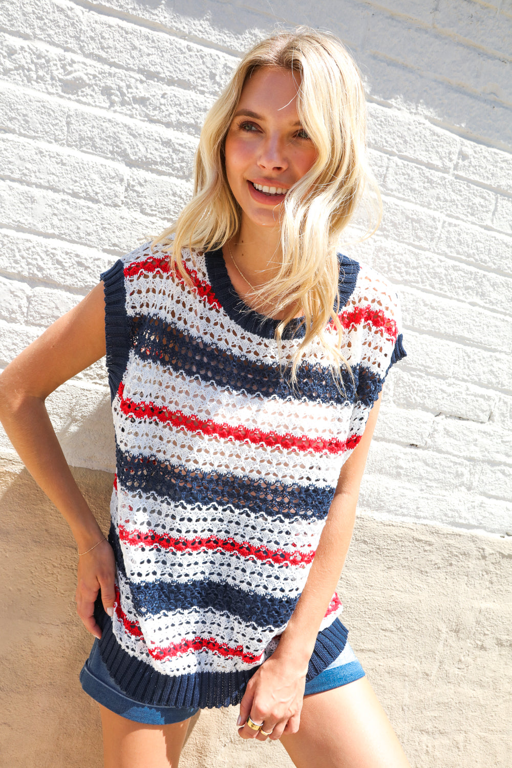 Feeling Festive Red White & Blue Striped Crochet Sweater Top | Nikki & Co. Boutique