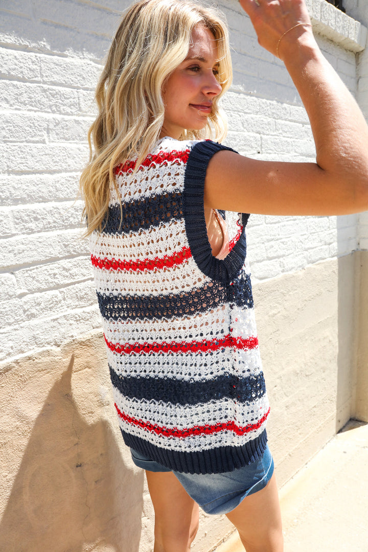 Feeling Festive Red White &amp; Blue Striped Crochet Sweater Top | Nikki &amp; Co. Boutique