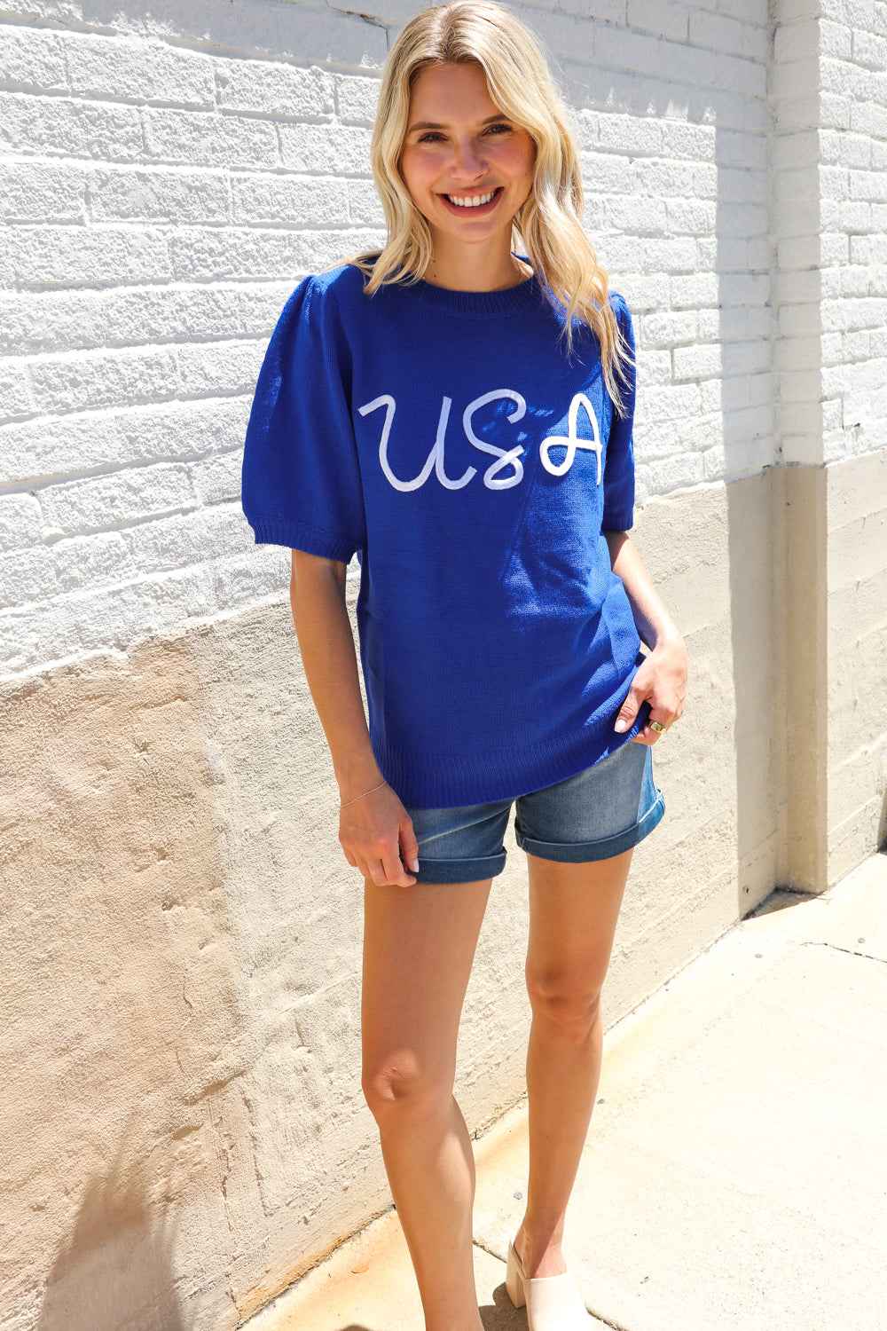 Patriotic USA Blue Knit Embroidery Puff Sleeve Sweater Top | Nikki &amp; Co. Boutique
