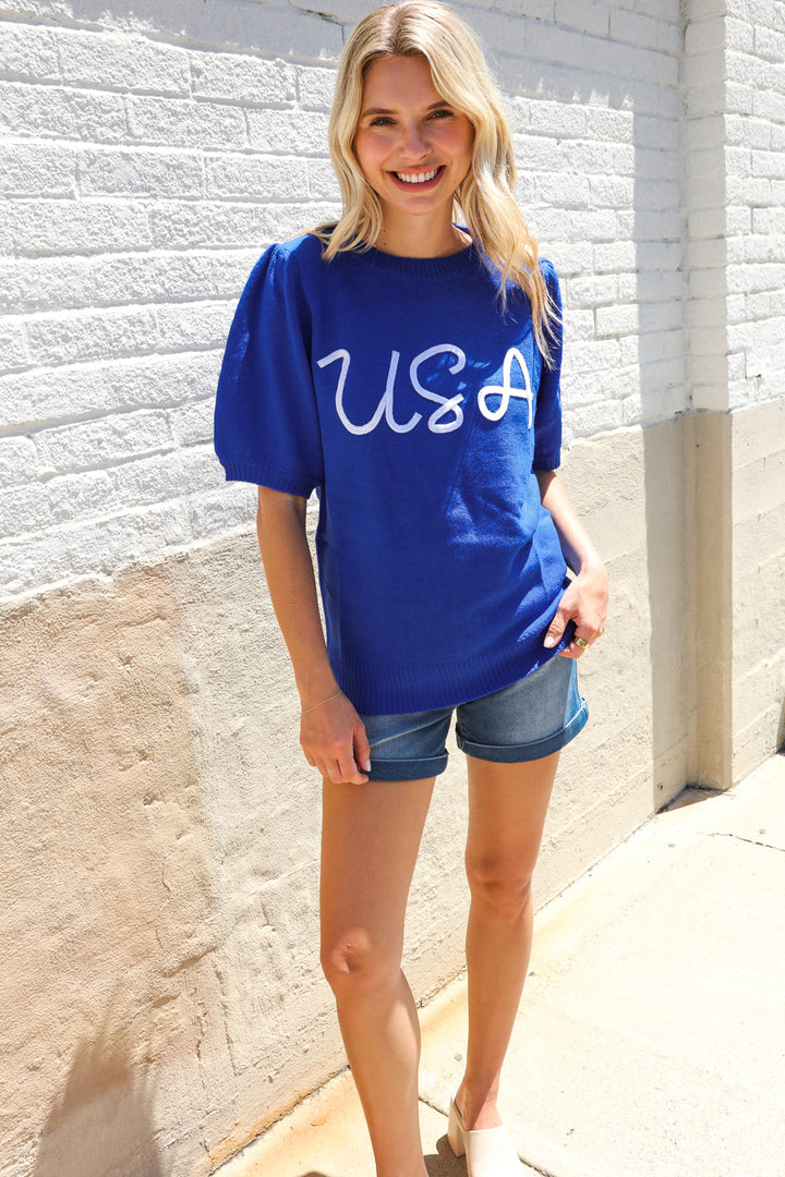 Patriotic USA Blue Knit Embroidery Puff Sleeve Sweater Top | Nikki &amp; Co. Boutique