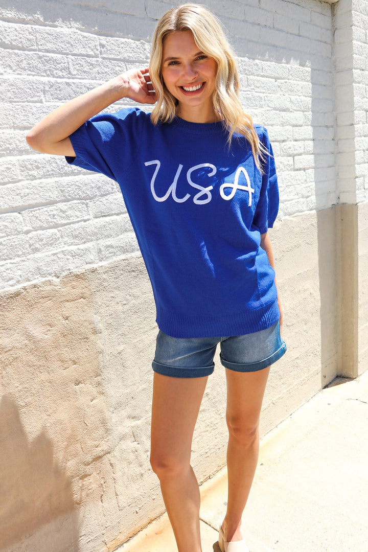 Patriotic USA Blue Knit Embroidery Puff Sleeve Sweater Top | Nikki &amp; Co. Boutique