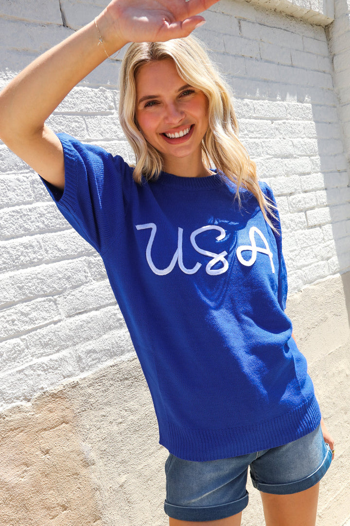 Patriotic USA Blue Knit Embroidery Puff Sleeve Sweater Top | Nikki &amp; Co. Boutique