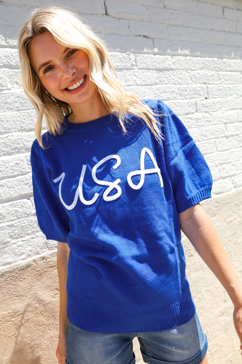 Patriotic USA Blue Knit Embroidery Puff Sleeve Sweater Top | Nikki &amp; Co. Boutique