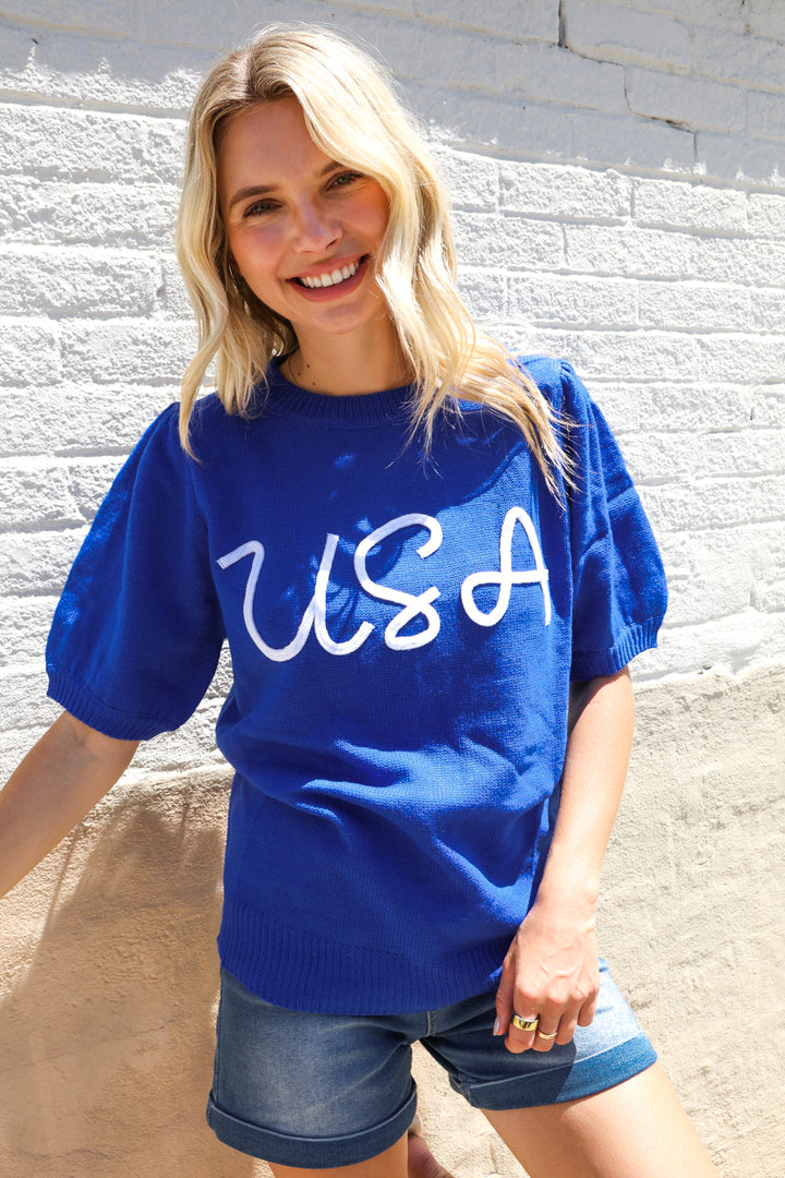 Patriotic USA Blue Knit Embroidery Puff Sleeve Sweater Top | Nikki &amp; Co. Boutique