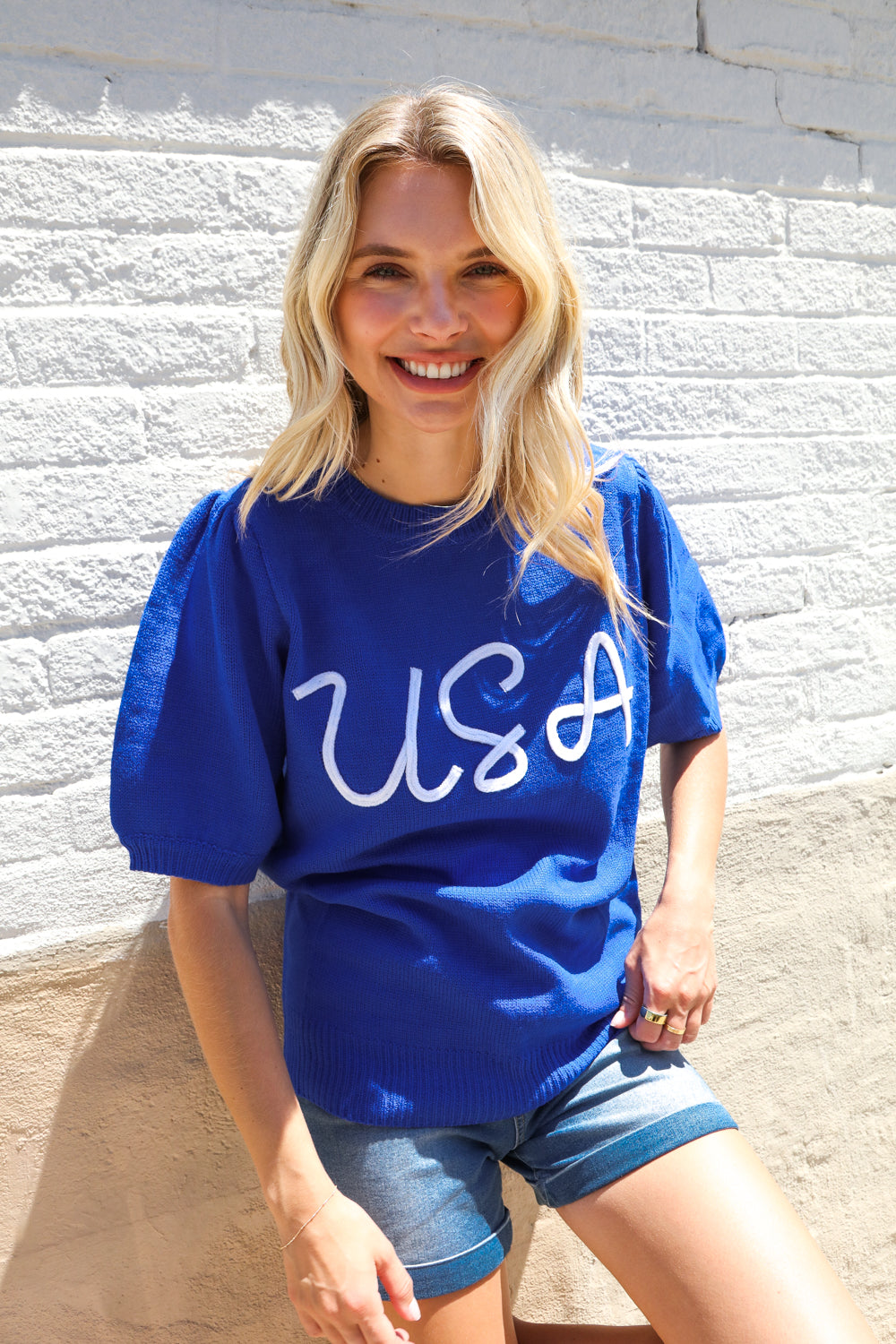 Patriotic USA Blue Knit Embroidery Puff Sleeve Sweater Top | Nikki &amp; Co. Boutique