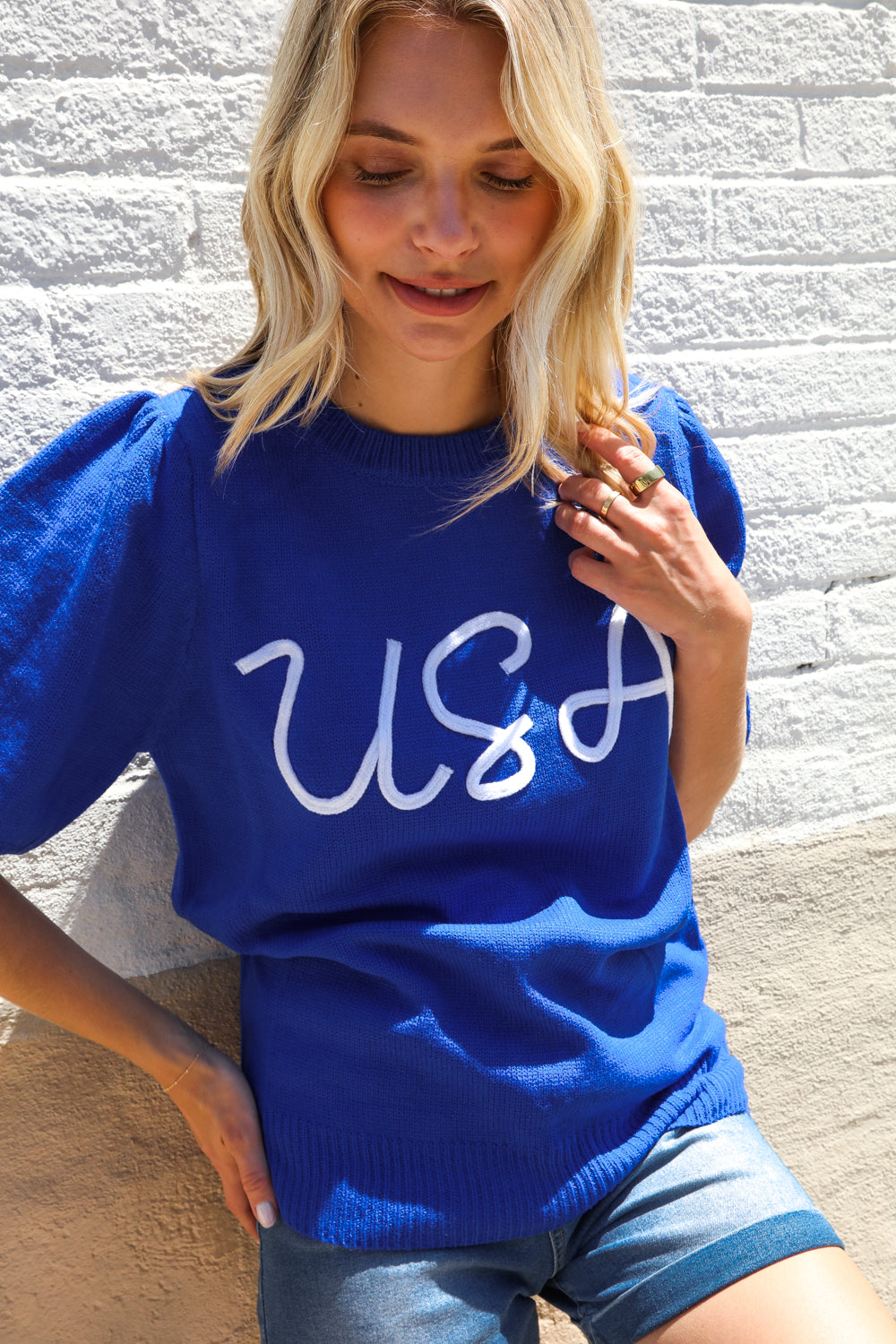 Patriotic USA Blue Knit Embroidery Puff Sleeve Sweater Top | Nikki &amp; Co. Boutique