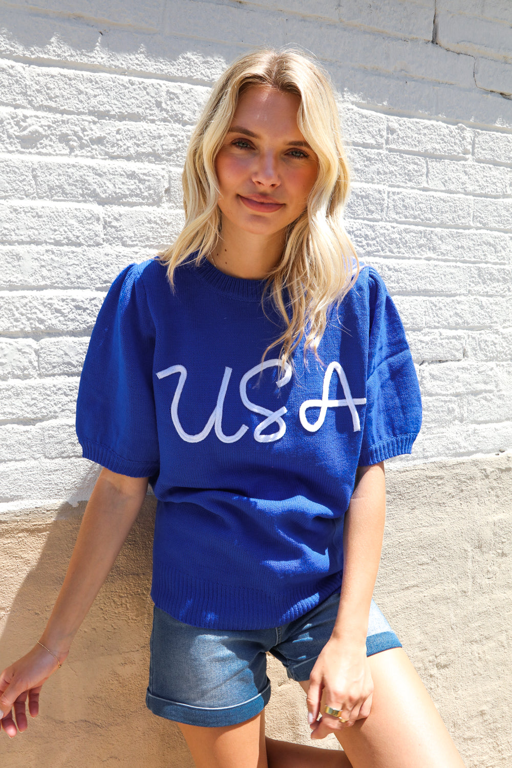 Patriotic USA Blue Knit Embroidery Puff Sleeve Sweater Top | Nikki &amp; Co. Boutique