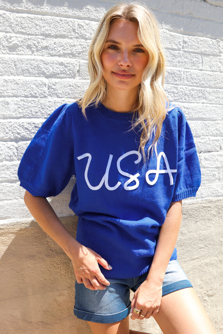 Patriotic USA Blue Knit Embroidery Puff Sleeve Sweater Top | Nikki &amp; Co. Boutique