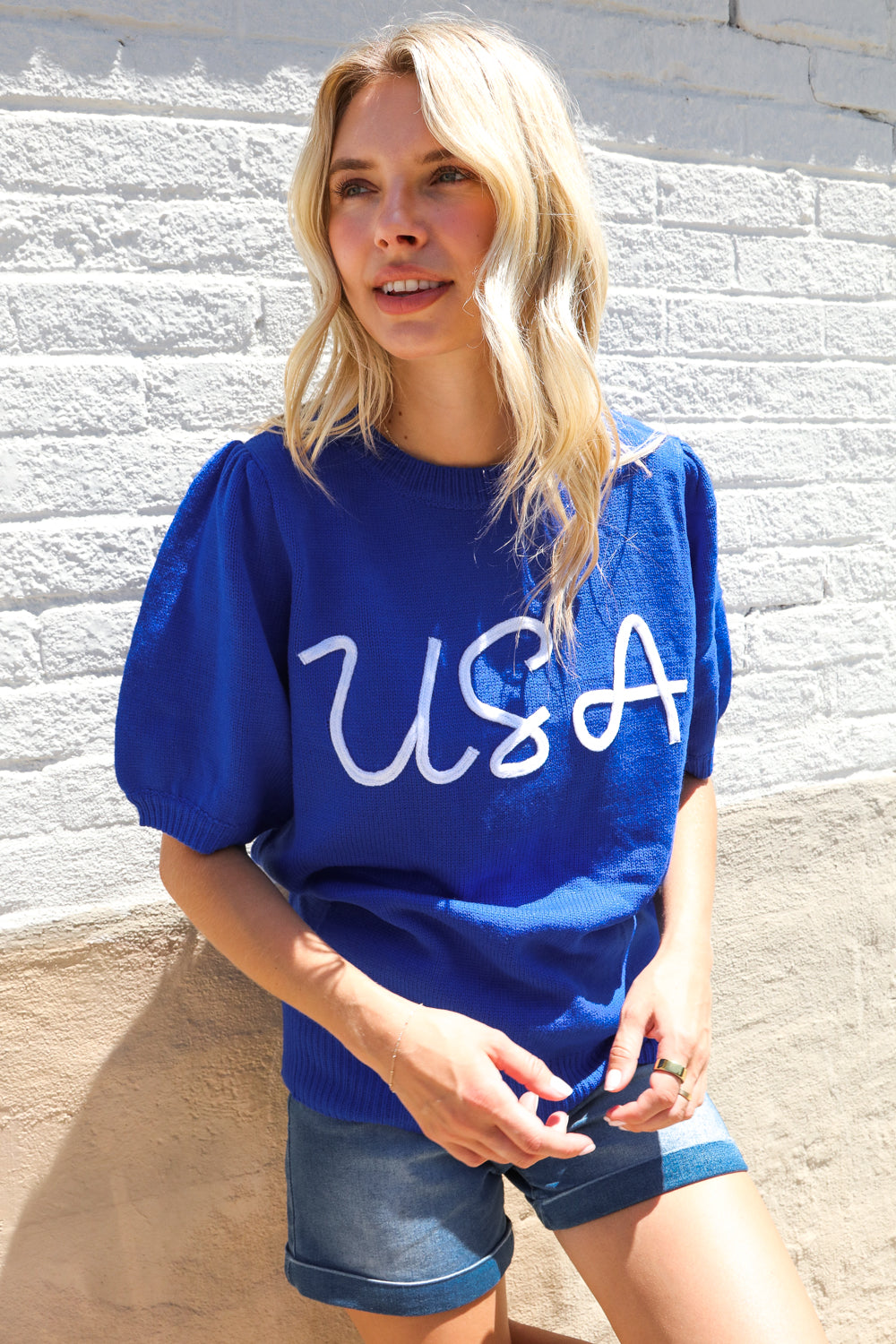 Patriotic USA Blue Knit Embroidery Puff Sleeve Sweater Top | Nikki &amp; Co. Boutique