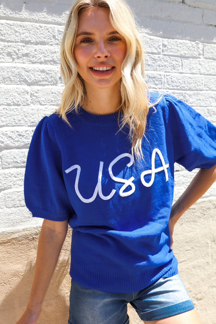 Patriotic USA Blue Knit Embroidery Puff Sleeve Sweater Top | Nikki &amp; Co. Boutique