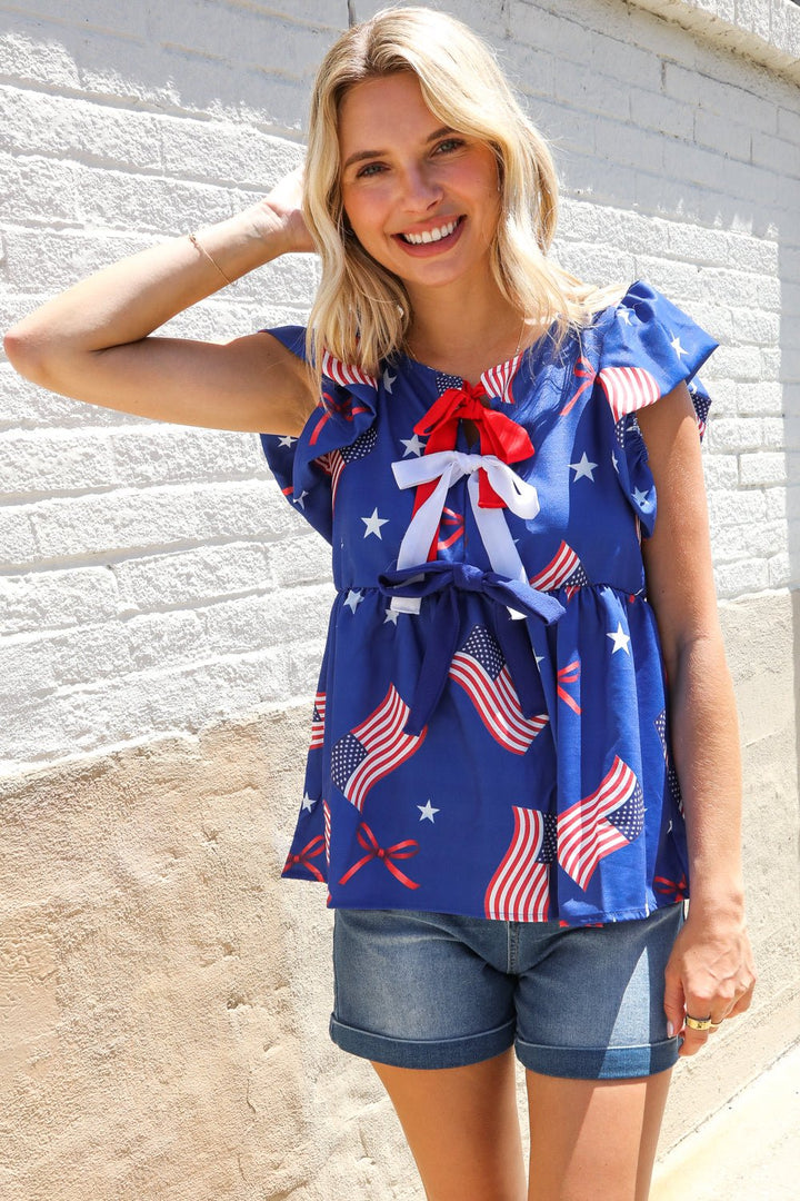 American Flag Blue &amp; Red Stars &amp; Bow Print Woven Tops - Nikki &amp; Co. Boutique