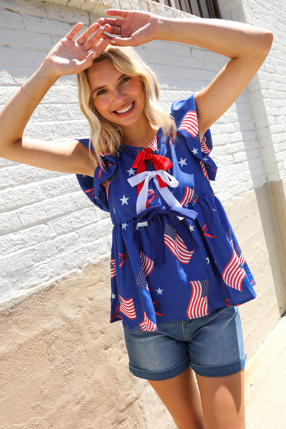 American Flag Blue & Red Stars & Bow Print Woven Top