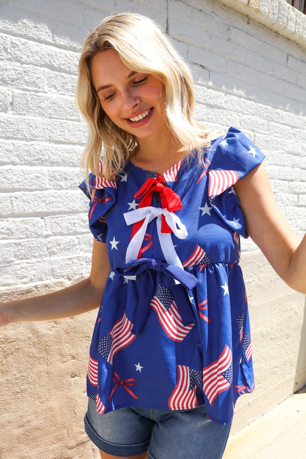 American Flag Blue &amp; Red Stars &amp; Bow Print Woven Tops - Nikki &amp; Co. Boutique