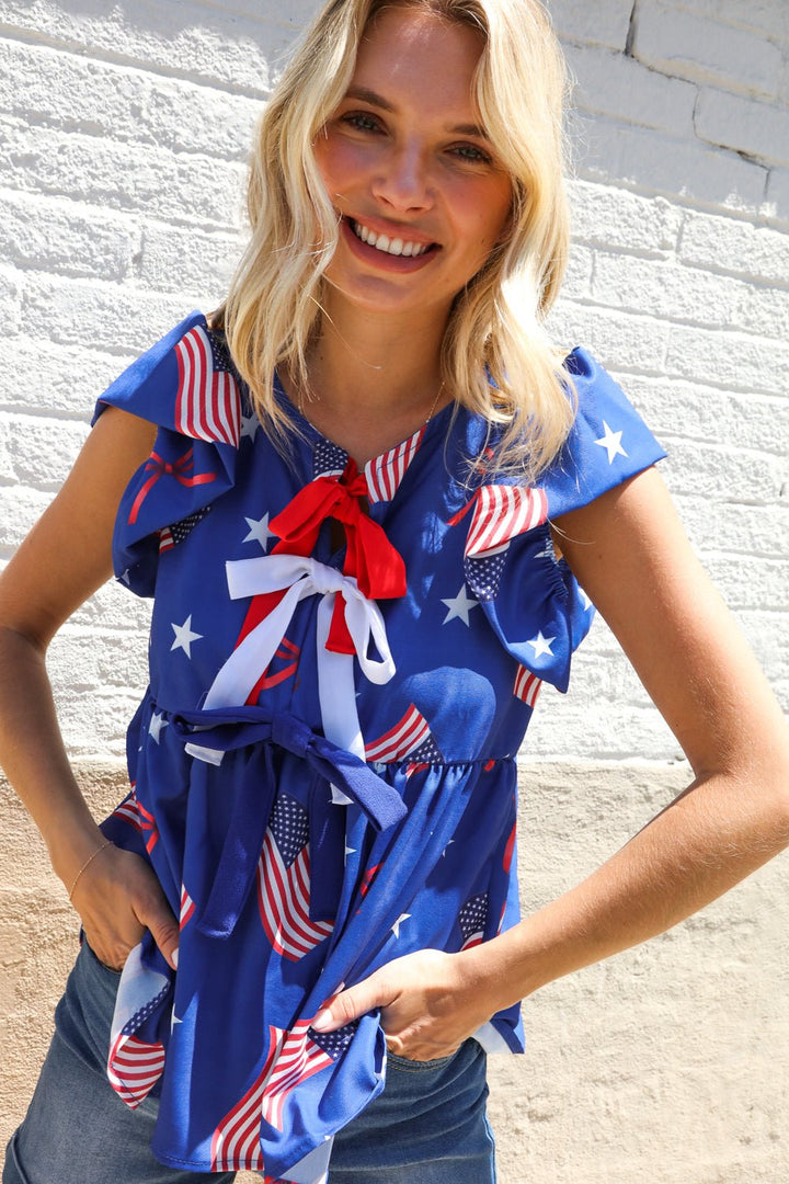 American Flag Blue &amp; Red Stars &amp; Bow Print Woven Tops - Nikki &amp; Co. Boutique