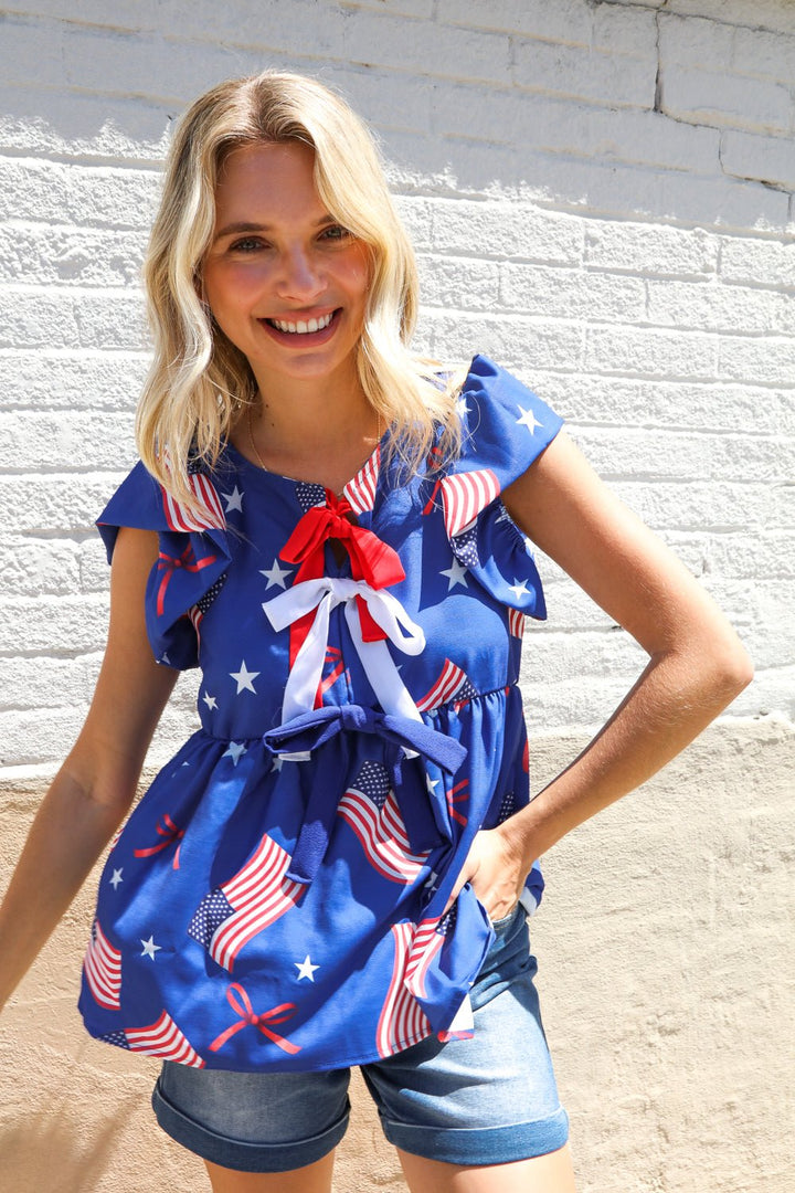 American Flag Blue &amp; Red Stars &amp; Bow Print Woven Tops - Nikki &amp; Co. Boutique