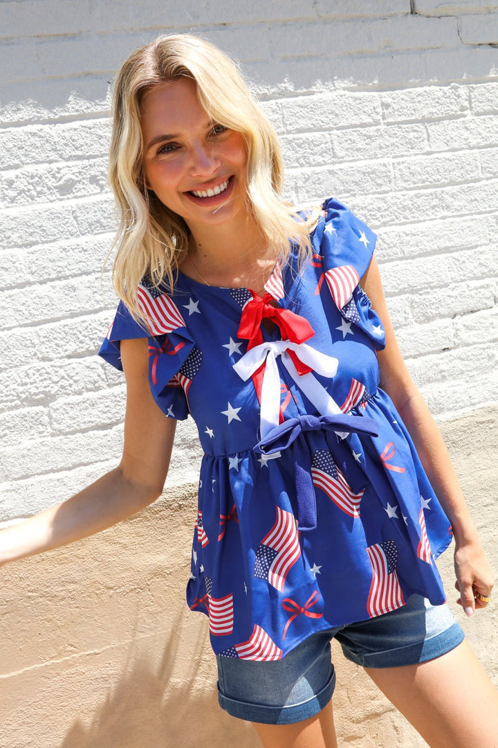 American Flag Blue &amp; Red Stars &amp; Bow Print Woven Tops - Nikki &amp; Co. Boutique