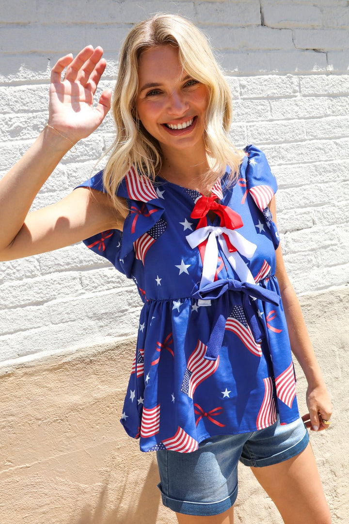 American Flag Blue &amp; Red Stars &amp; Bow Print Woven Tops - Nikki &amp; Co. Boutique
