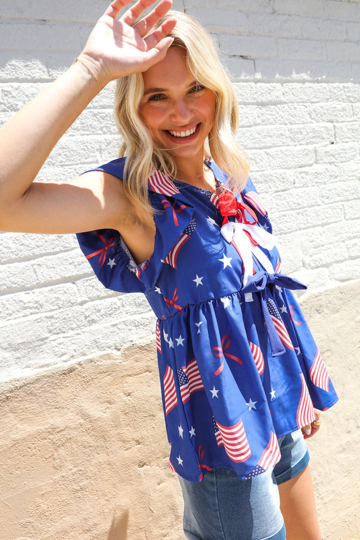 American Flag Blue &amp; Red Stars &amp; Bow Print Woven Tops - Nikki &amp; Co. Boutique