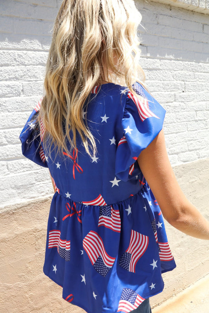American Flag Blue &amp; Red Stars &amp; Bow Print Woven Tops - Nikki &amp; Co. Boutique