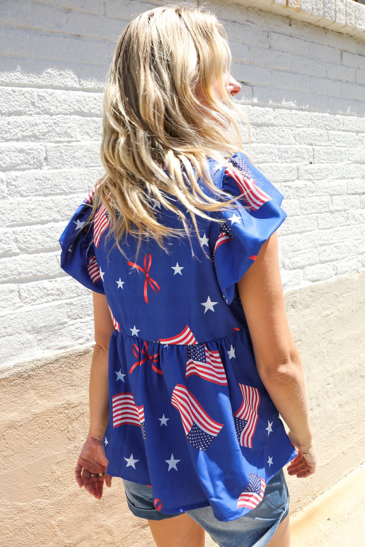 American Flag Blue &amp; Red Stars &amp; Bow Print Woven Tops - Nikki &amp; Co. Boutique
