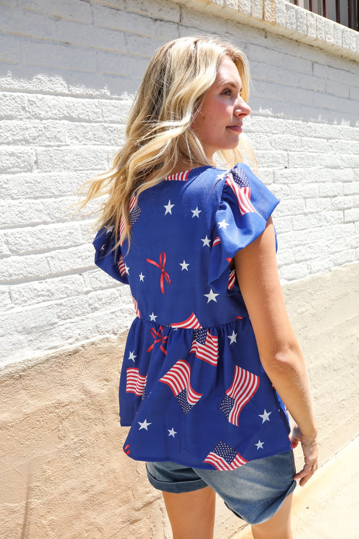 American Flag Blue &amp; Red Stars &amp; Bow Print Woven Tops - Nikki &amp; Co. Boutique