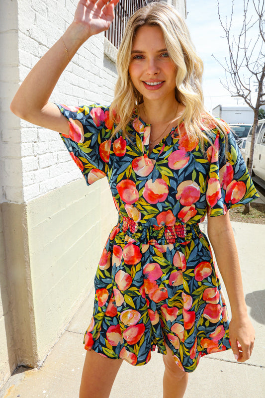 Sunny Days Floral Print Smocked Waist Back Neck Button Romper
