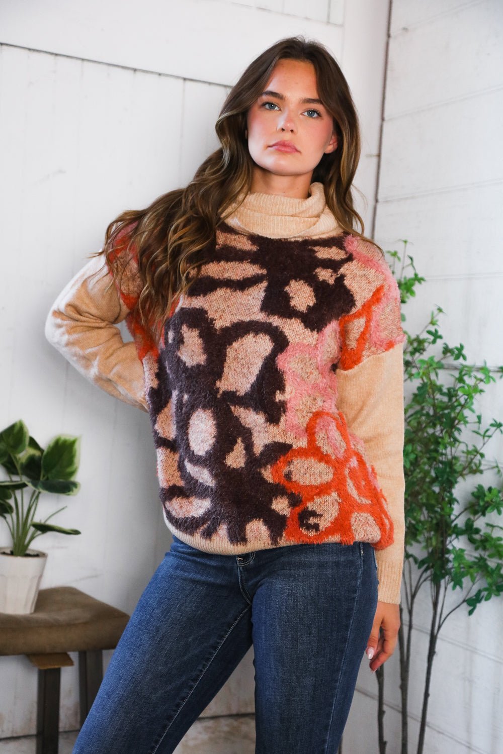 Blooms in Autumn Turtleneck Cozy Sweater - Nikki and Co Boutique