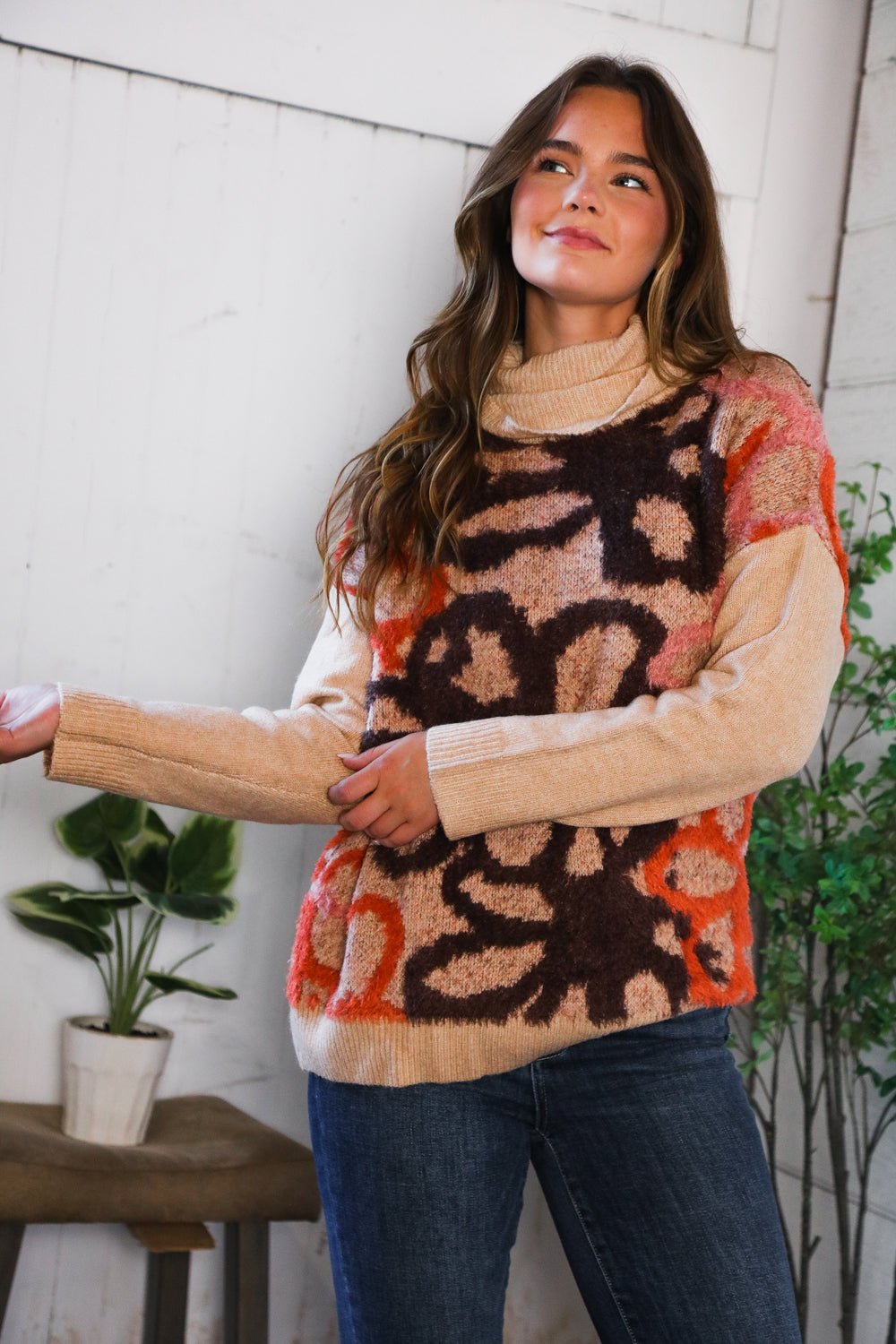 Blooms in Autumn Turtleneck Cozy Sweater - Nikki and Co Boutique