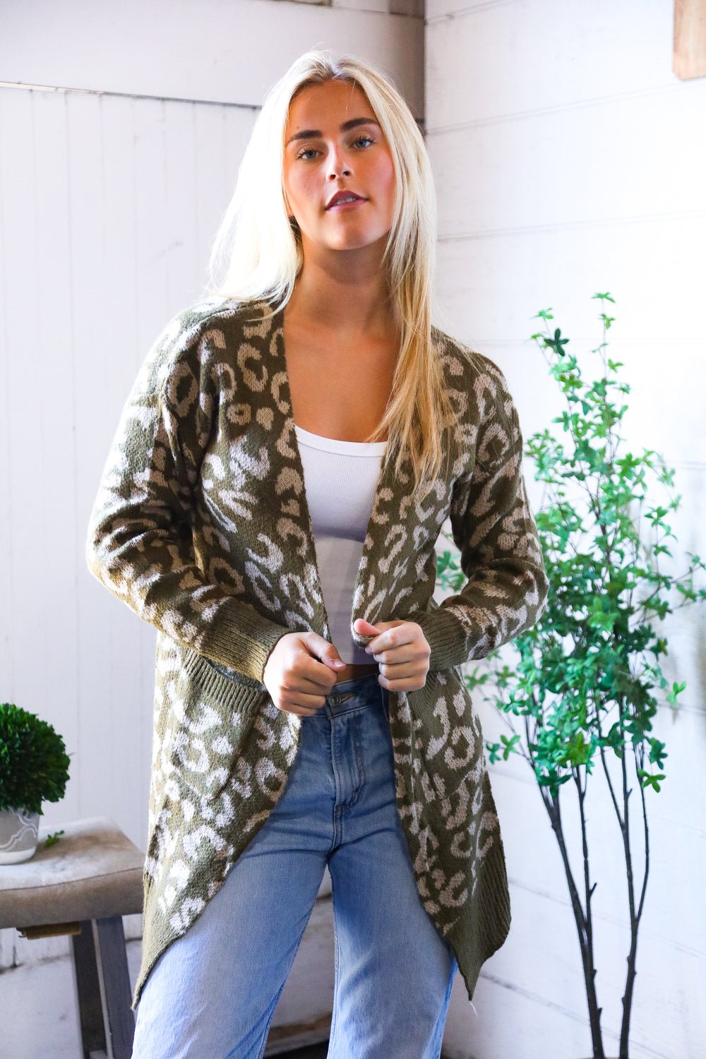 Lounging in Leopard Olive Cardigan | Nikki &amp; Co. Boutique
