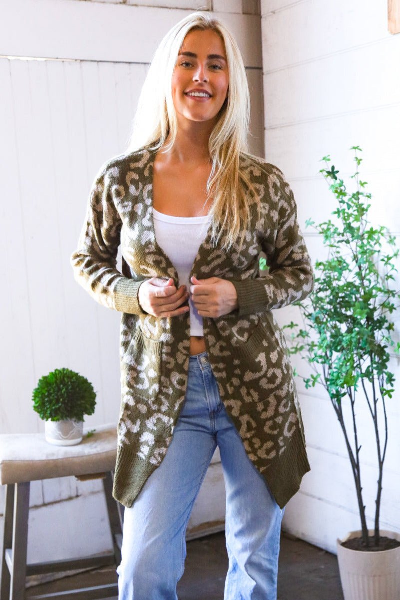 Lounging in Leopard Olive Cardigan | Nikki & Co. Boutique